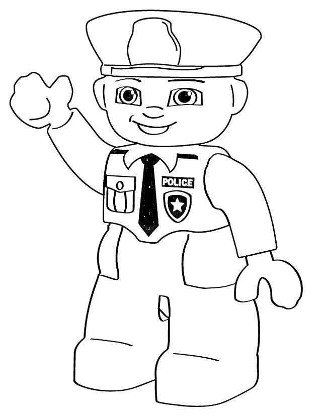 Раскраска Полицейский в форме с поднятой рукой, значок и галстук на рубашке