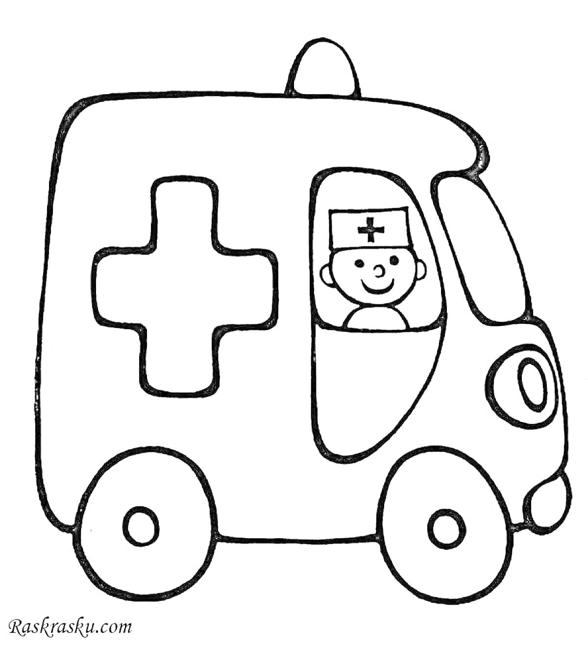 Раскраска Машина скорой помощи с водителем в форме