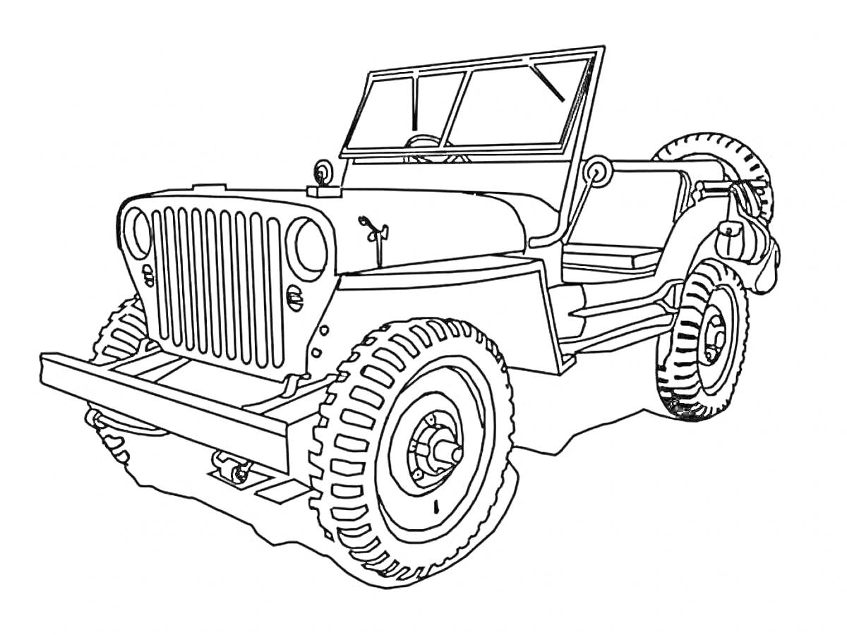 Раскраска Джип с открытым верхом, запасным колесом и раскрашенными деталями