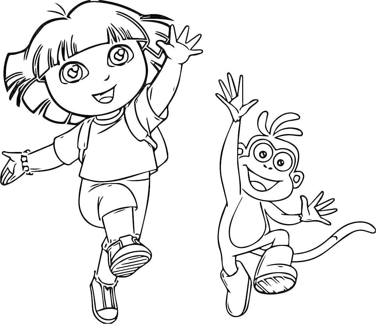 Дора и её друг обезьянка Бутс, радостно прыгают