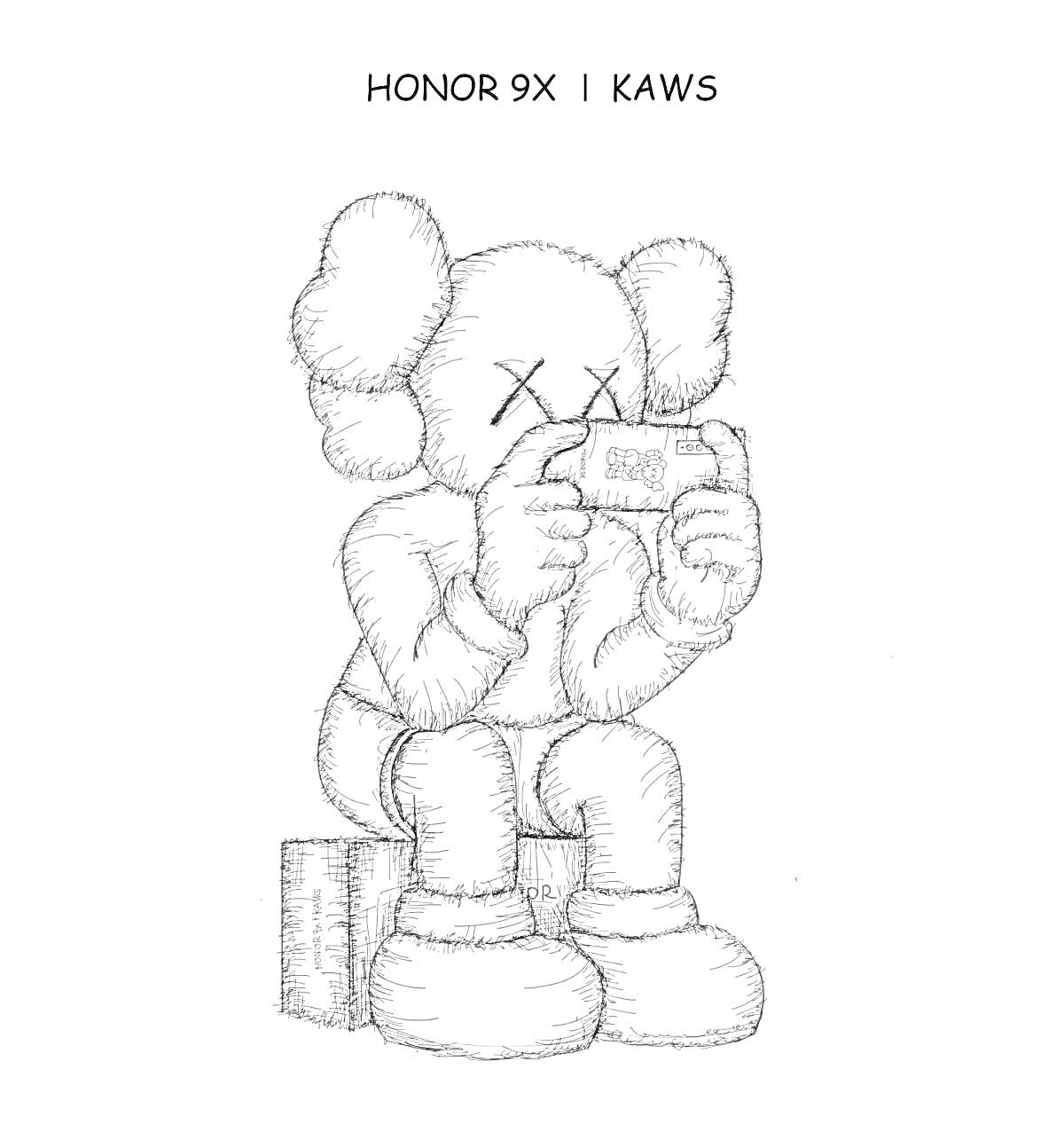 Раскраска Фигурка KAWS, сидящая на кубе и фотографирующая на камеру Honor 9X