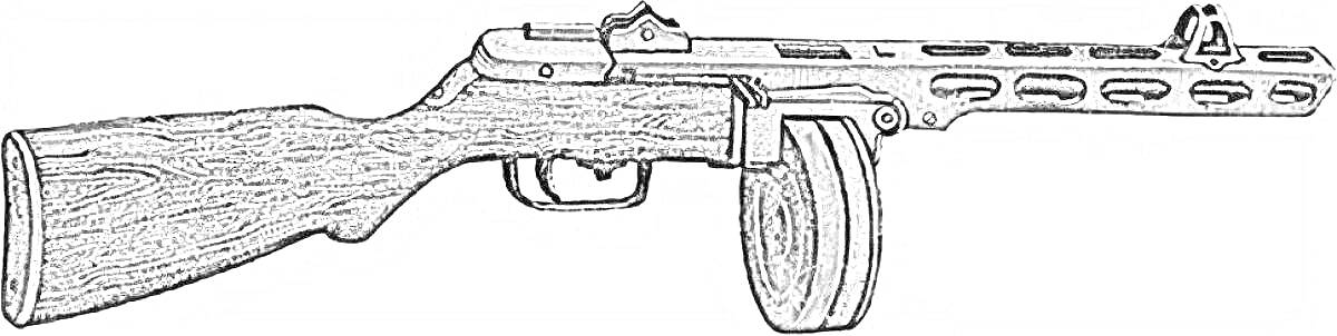 Раскраска Пистолет-пулемёт Шпагина с деревянным прикладом и дисковым магазином