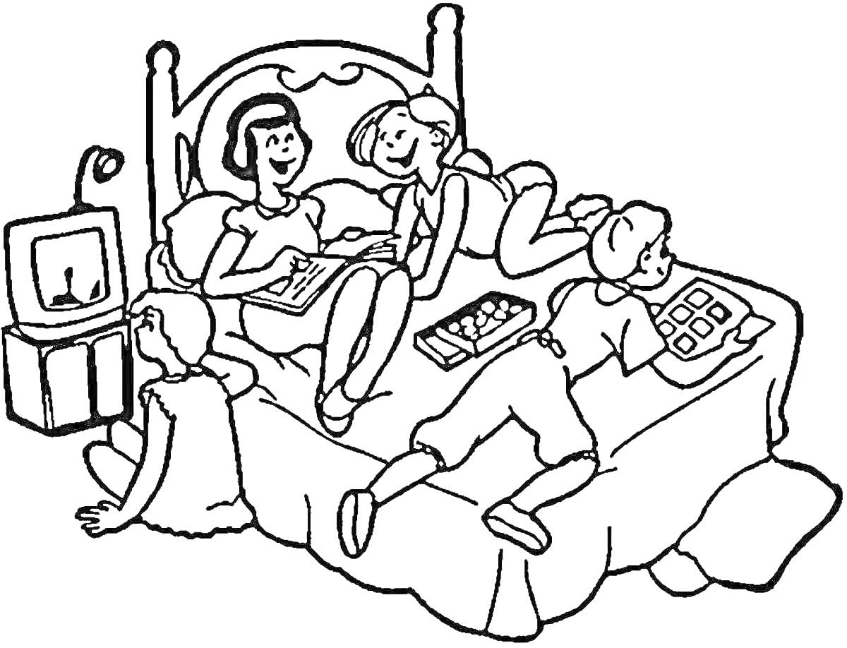 Раскраска Дети, сидящие на кровати и занимающиеся разными делами (папка с документами, рисование, кубики)