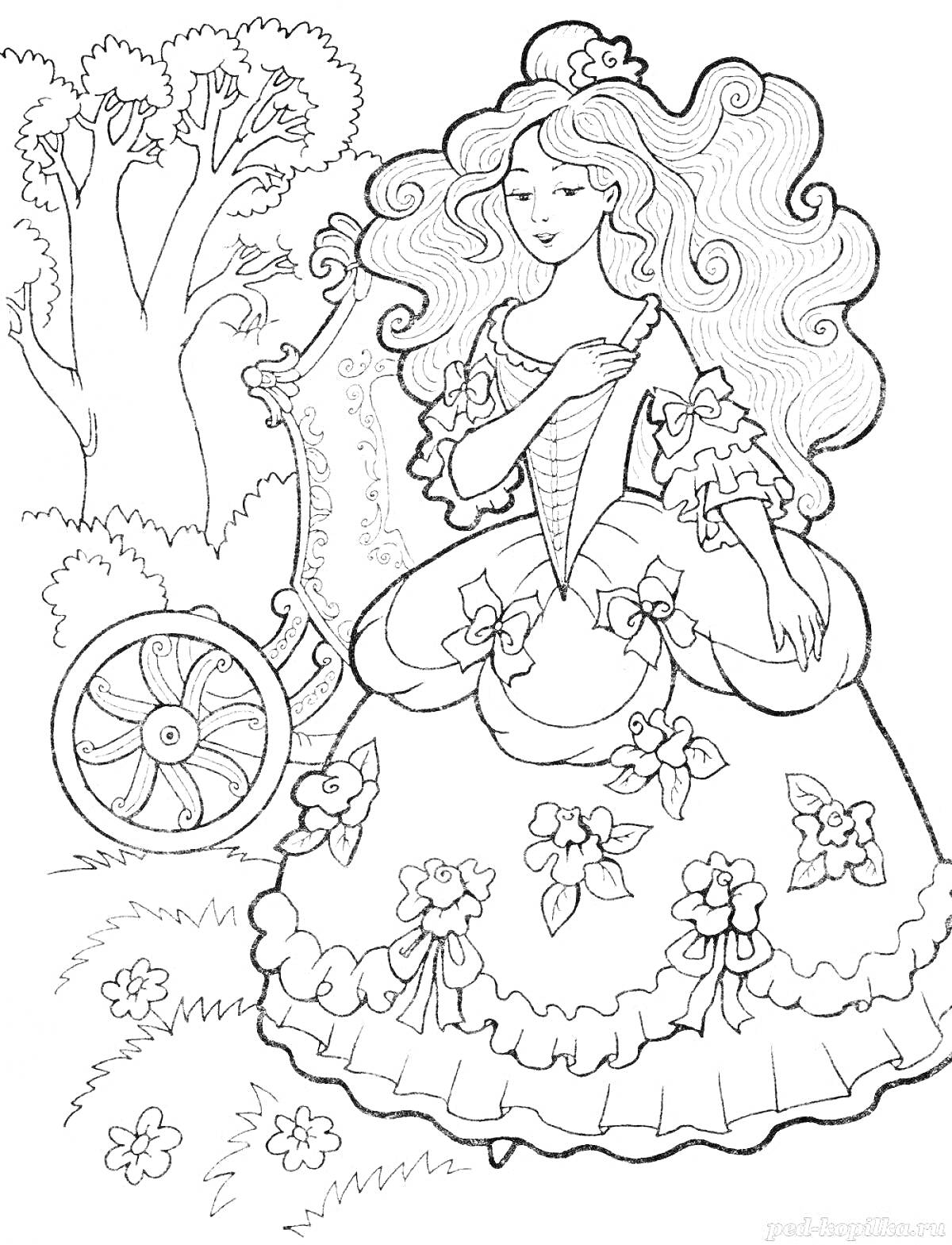 На раскраске изображено: Золушка, Платье, Карета, Деревья, Цветы, Шарль Перро, Лес, Принцесса, Для детей