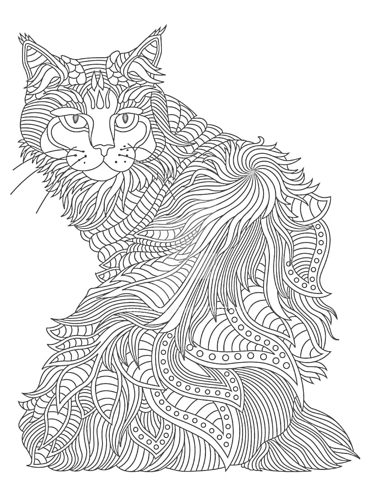 Раскраска Кошка с детализированным узором на шерсти