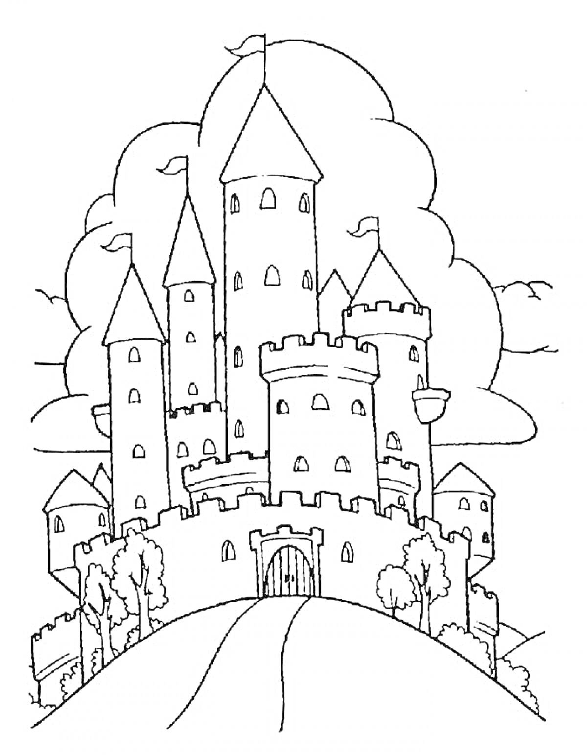 На раскраске изображено: Замок, Башни, Деревья, Облака, Ворота, Средневековье, Крепость, Флаг, Холмы
