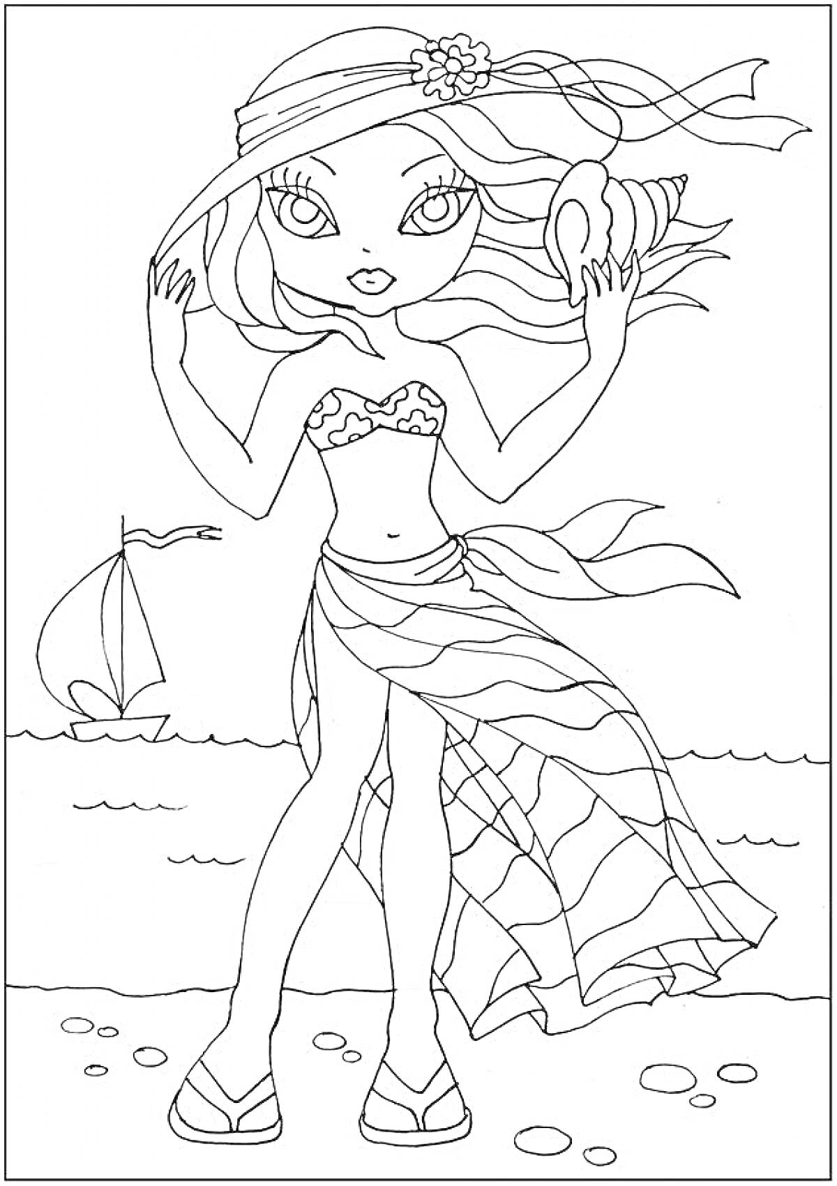 Раскраска Девушка на пляже с ракушкой, в шляпе, бюстгальтере и парео