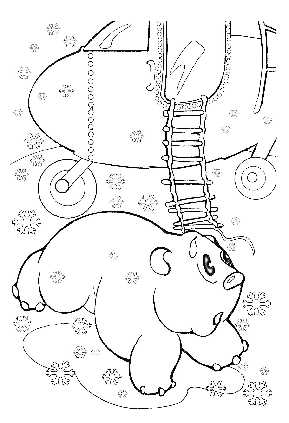 На раскраске изображено: Умка, Медведь, Снежинки, Зима, Животные, Транспорт, Для детей, Самолеты