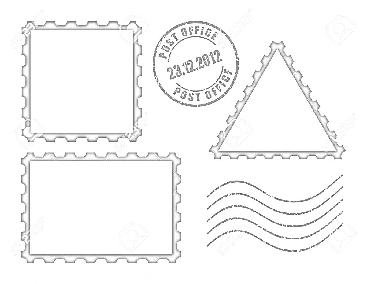 Раскраска Три марки прямоугольной и треугольной формы, почтовое штемпельное клеймо 