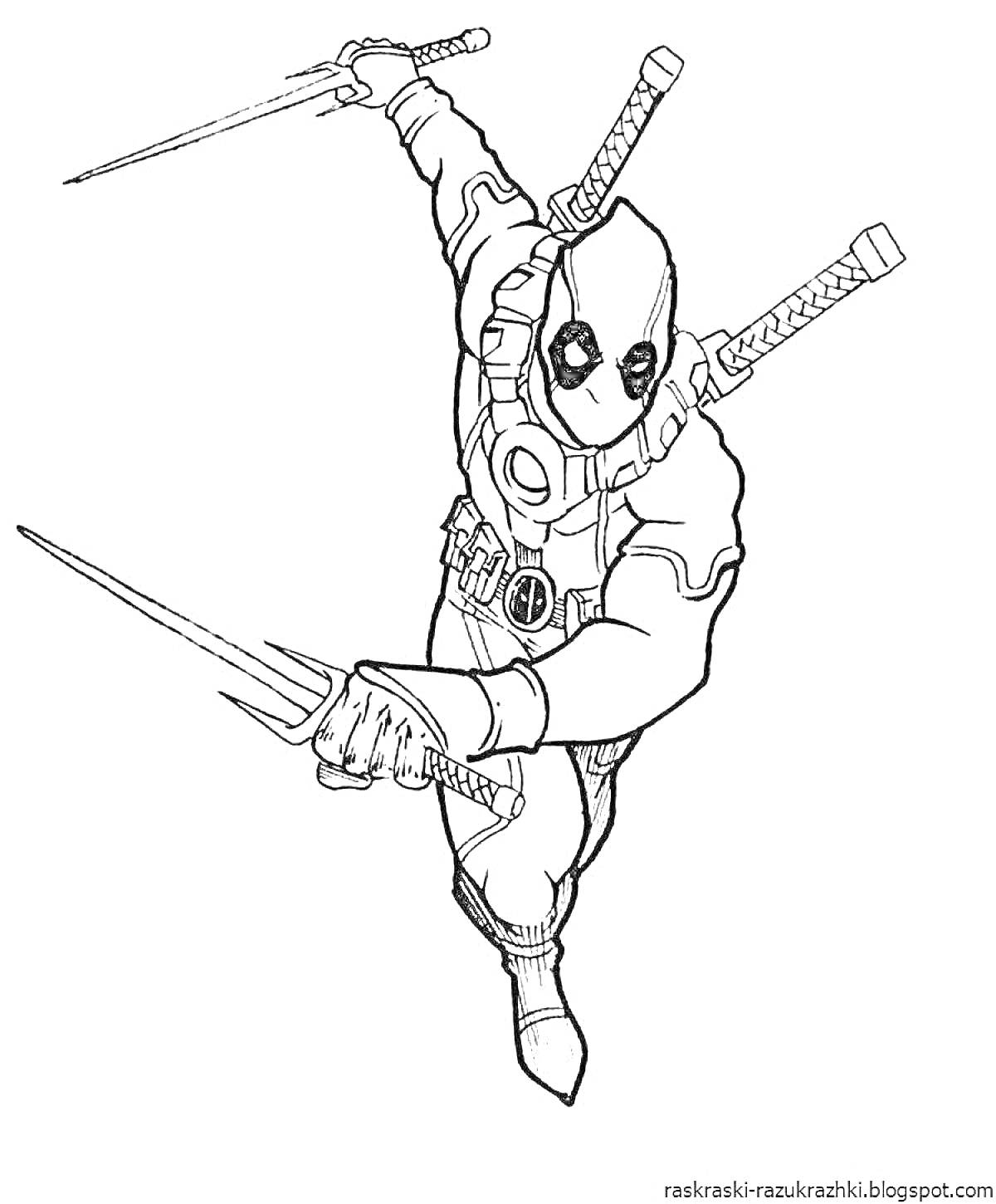 Раскраска Герой в маске, с двумя мечами за спиной и двумя кинжалами в руках