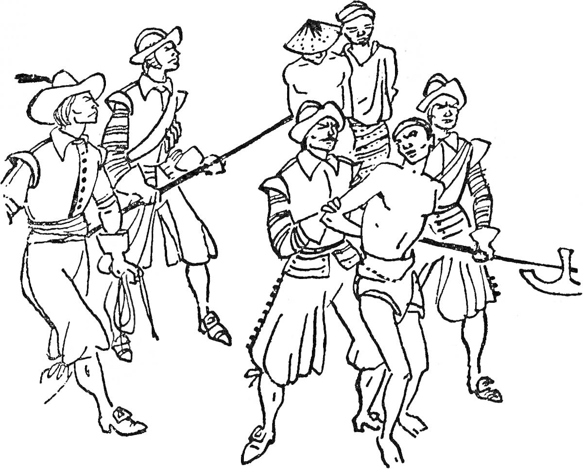 Раскраска Захват пленника солдатами с алебардами и один в треуголке