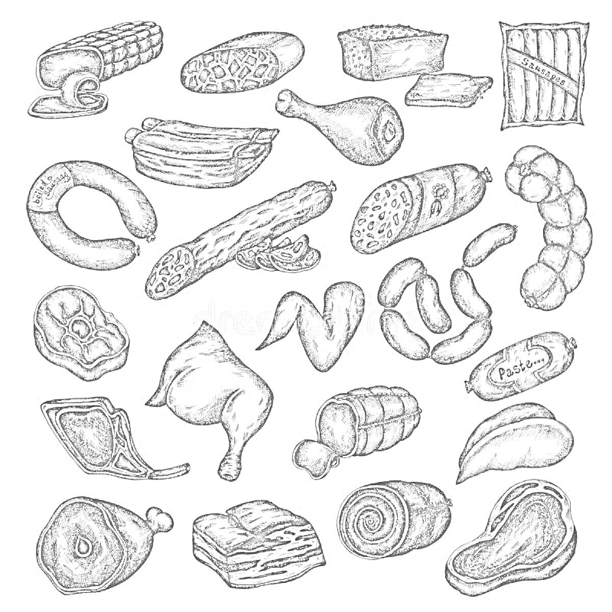 Раскраска Ассорти из мясных продуктов (колбаса, сосиски, бекон, окорок, куриные крылья, свиные ребрышки, стейк, грудинка и другие изделия)