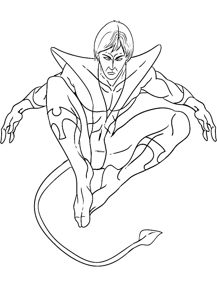 Раскраска Супергерой из Людей Икс с хвостом и характерной одеждой, сидящий на корточках