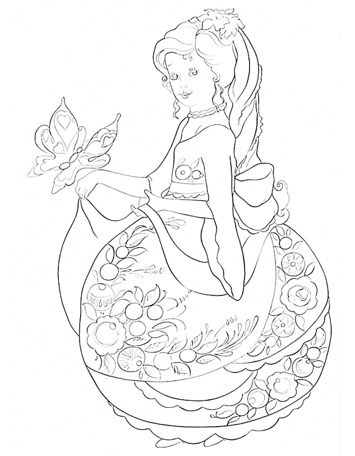 Раскраска Девочка с бабочкой в платье с цветочным узором