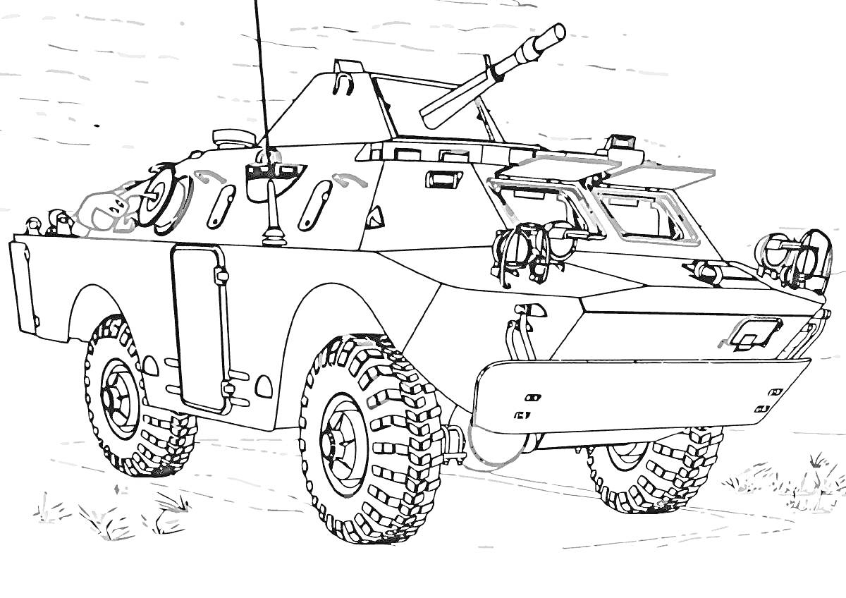 Раскраска Бронетранспортер с пушкой, колесами и антеннами