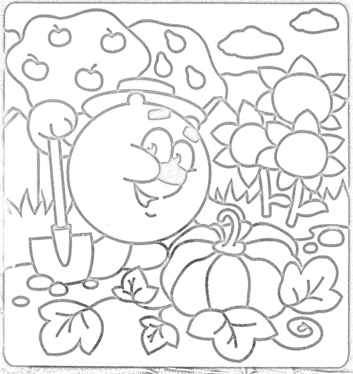 Раскраска Копатыч с лопатой и тыквой на грядке под яблоней и цветами