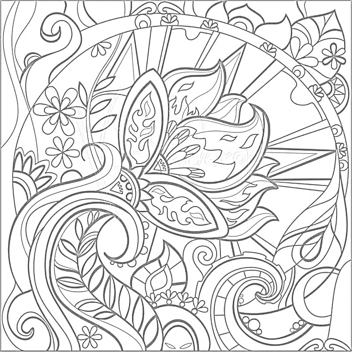 Раскраска Цветочная мандала с узорами и орнаментами
