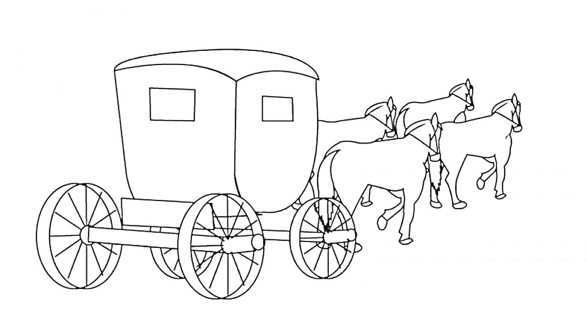 На раскраске изображено: Карета, Повозка, Транспорт, Лошадь, Колеса