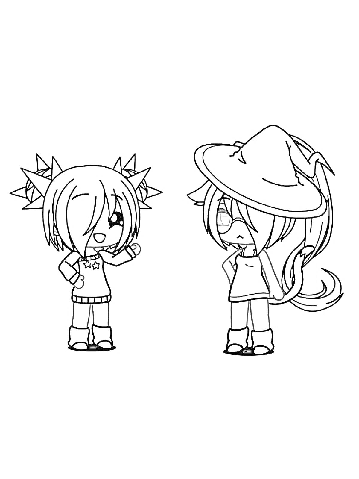 Раскраска Два персонажа Гача Лайф – девочка с короткими волосами и мальчик в шляпе
