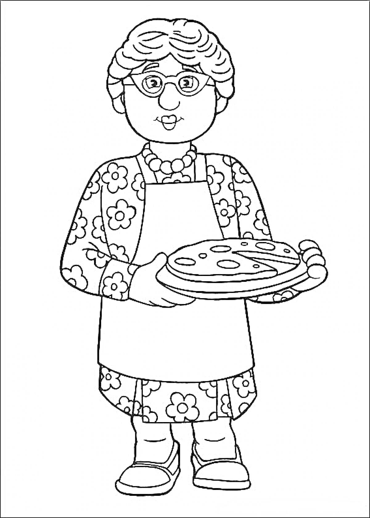 Раскраска Бабушка с пиццей в очках, цветочном платье и фартуке.