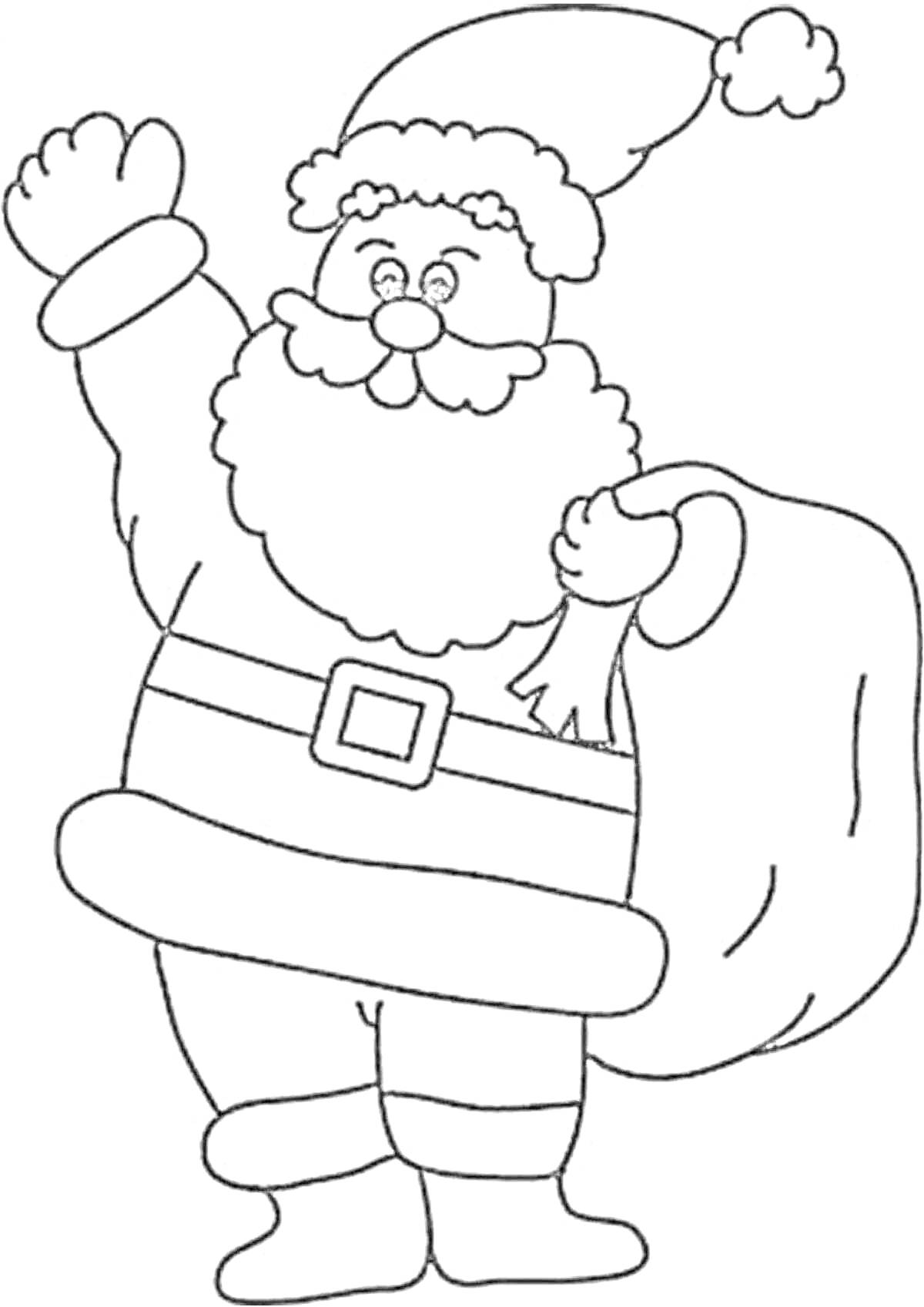 На раскраске изображено: Дед Мороз, Борода, Новогодняя шапка, Ремень, Сапоги, Рождество, Для детей, Мешки