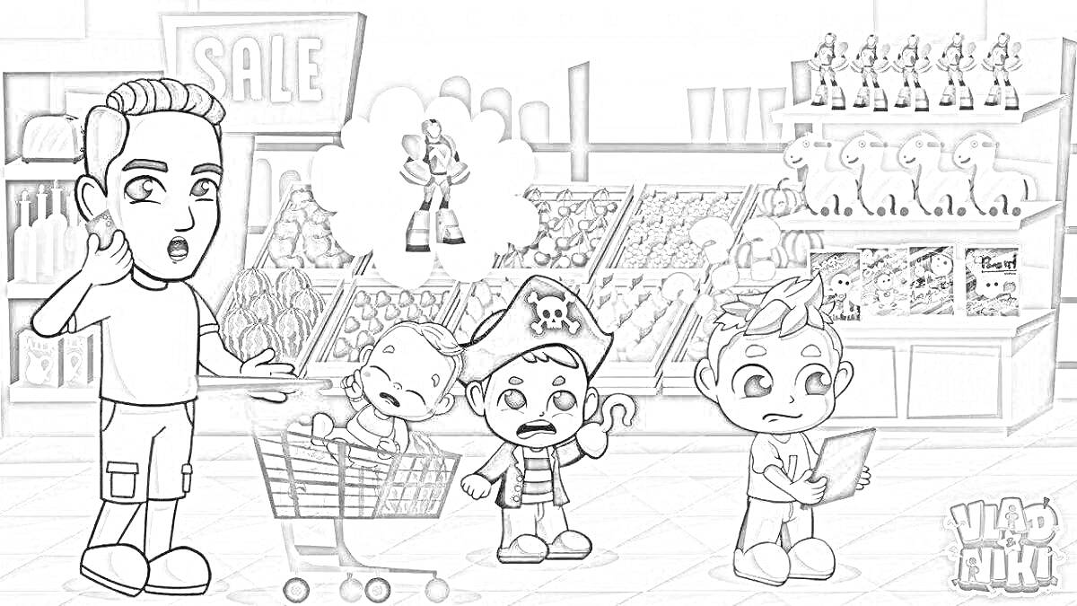 На раскраске изображено: Магазин, Покупки, Игрушки, Пираты, Ребенок, Планшет
