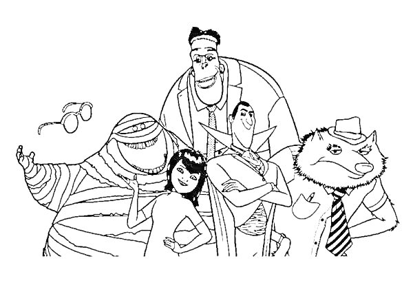 Раскраска Группа из пяти персонажей «Монстры на каникулах» - мумия, человек, девушка, вампир и оборотень с очками рядом