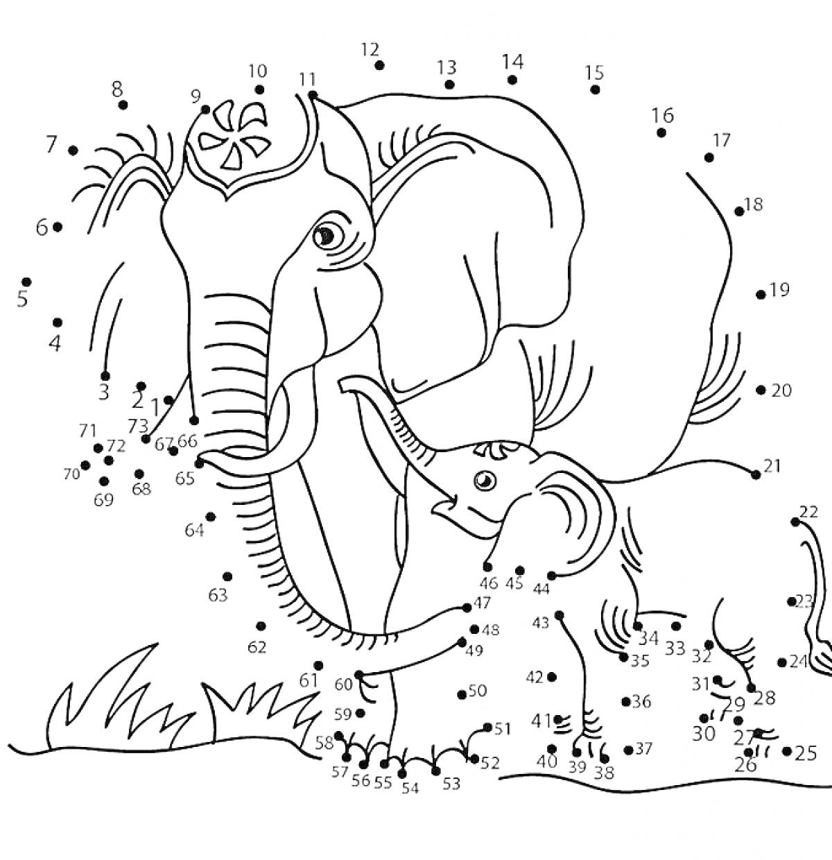 На раскраске изображено: По точкам, Мама, Трава, Обучение, Животные, Слон, Детеныши