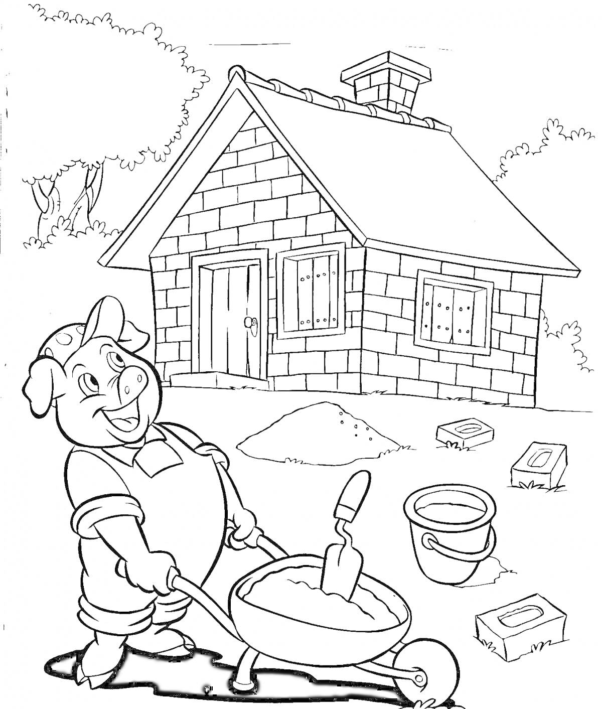 На раскраске изображено: Три поросенка, Строительные материалы, Кирпичный дом, Строительство, Животные