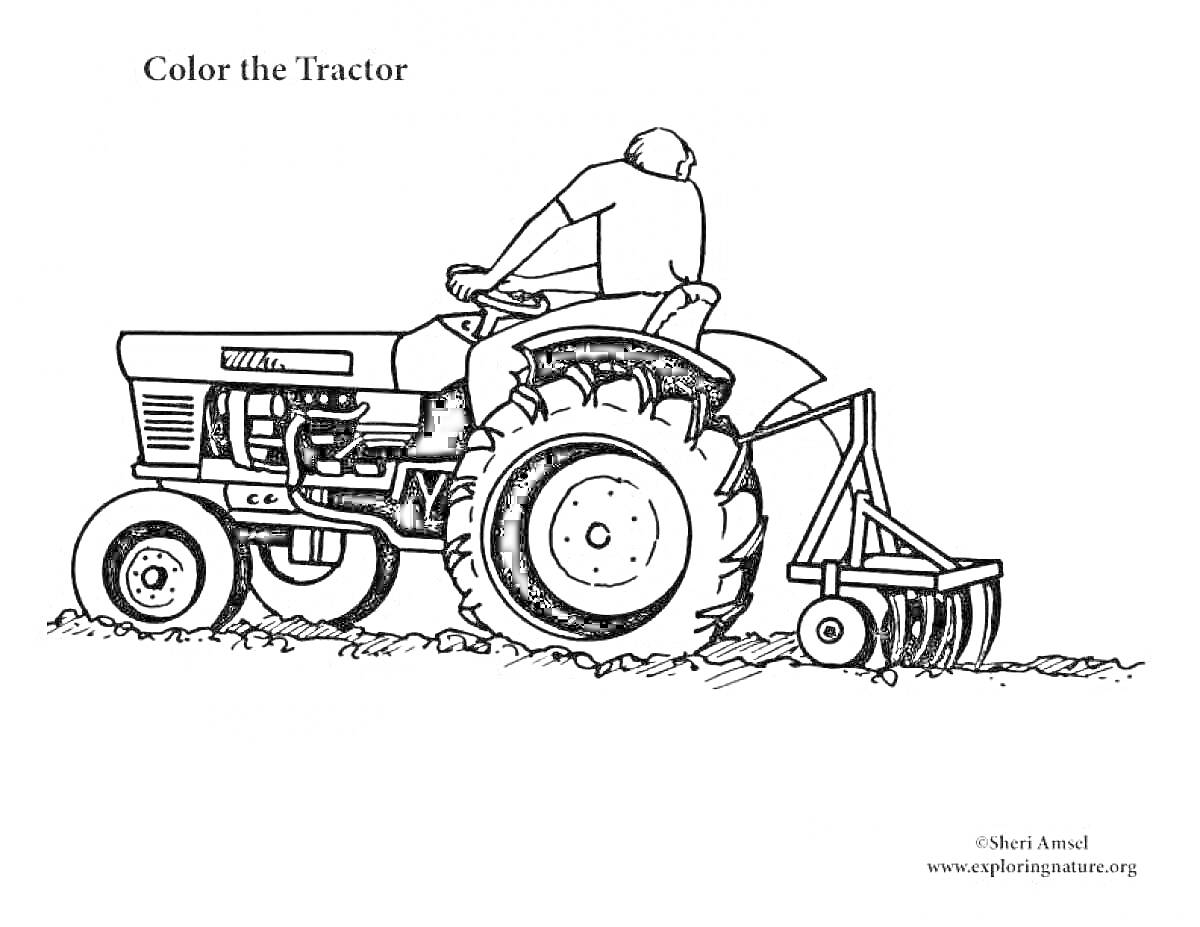 Раскраска Трактор с сеялкой и водителем