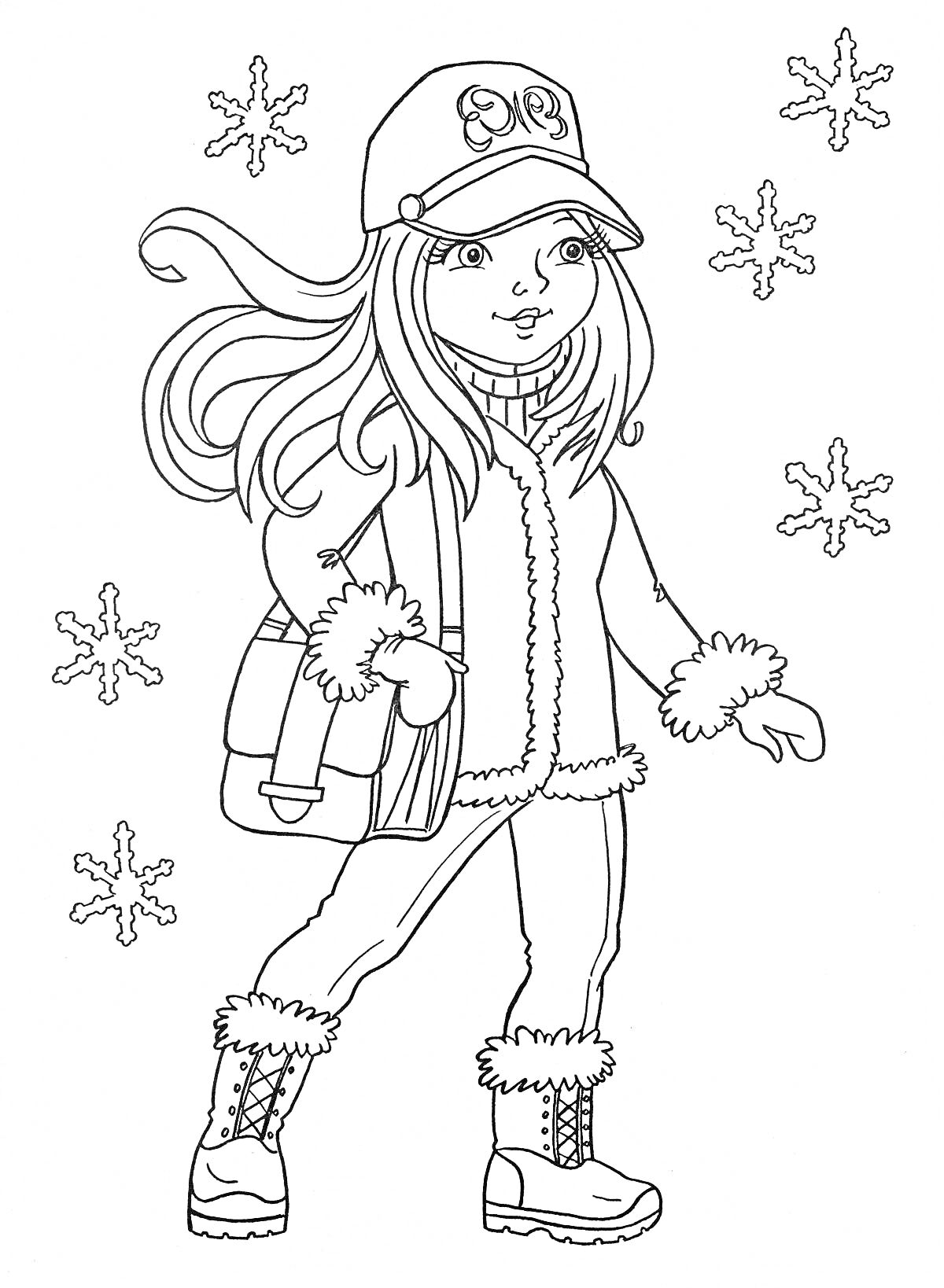 На раскраске изображено: Девочка, Зимняя одежда, Сумка, Ботинки, Шапка, Снежинки, Зима