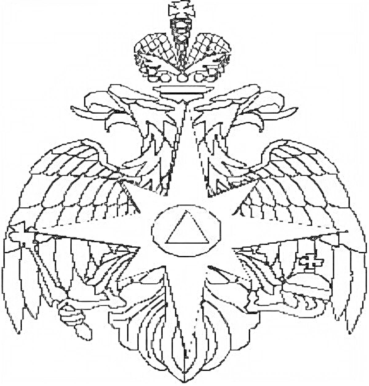 Раскраска Эмблема МЧС России - двуглавый орёл с короной, восьмиконечная звезда, треугольник в центре, лавровые ветви и якорь.