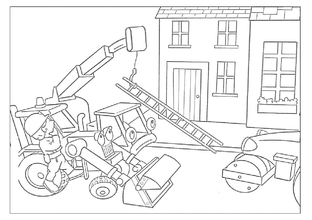 На раскраске изображено: Строитель, Экскаватор, Лестница, Каток, Окна, Дверь, Крыша, Подъемный кран