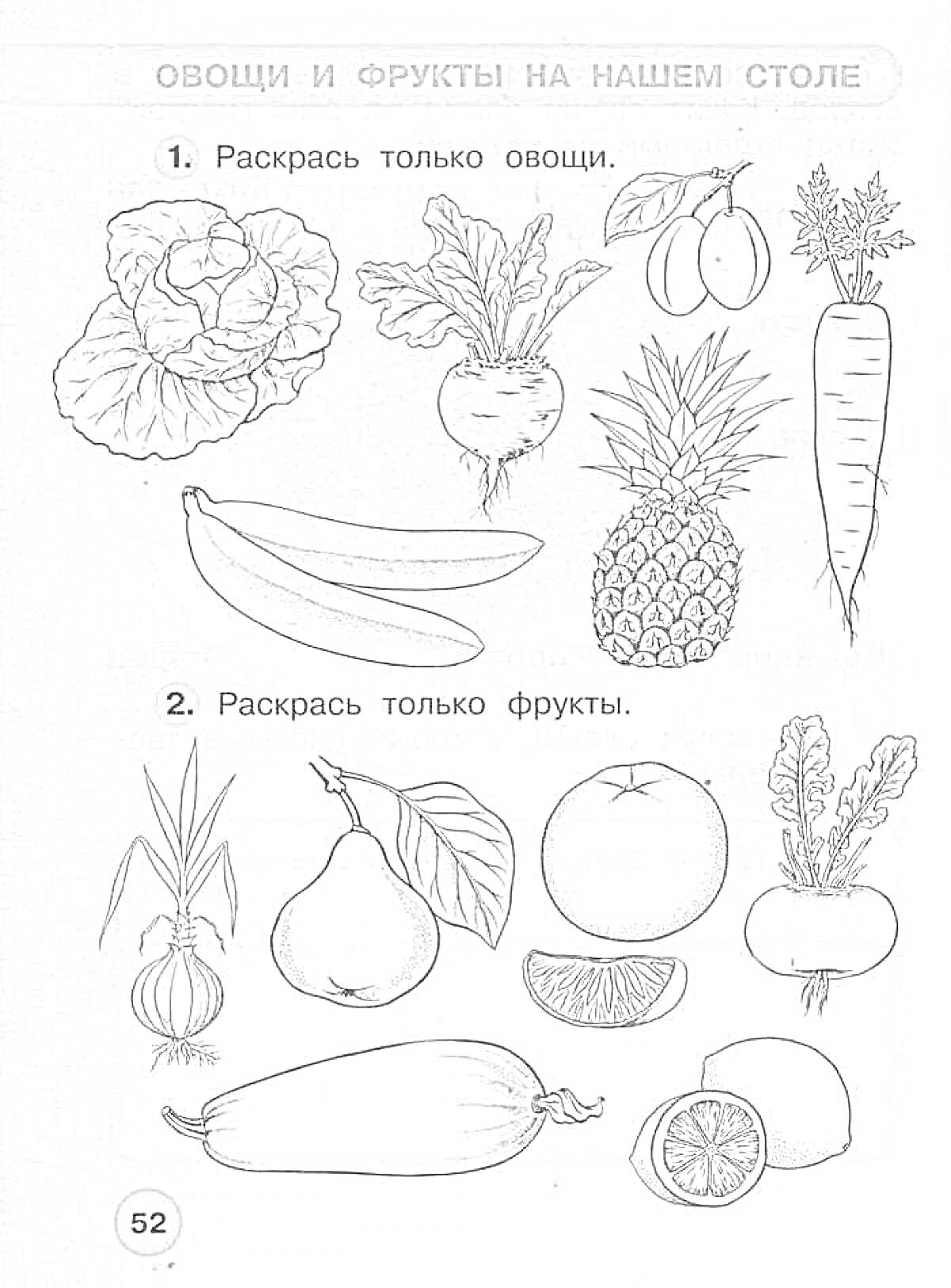 Раскраска Овощи и фрукты на нашем столе: листья салата, редиска, помидоры, морковь, бананы, ананас, лук, груша, яблоко, свекла, кабачок, апельсин, лимон