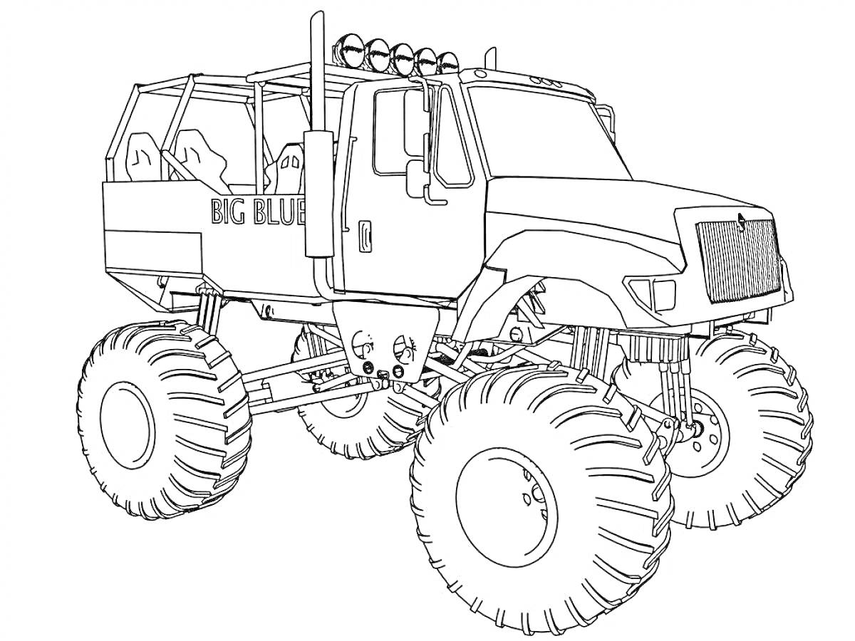 Раскраска Грузовик-монстр с огромными колесами, надпись 
