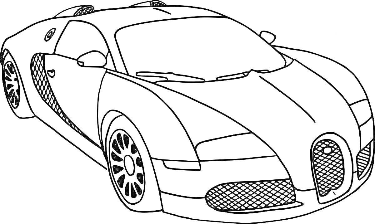 На раскраске изображено: Bugatti, Спорткар, Для детей