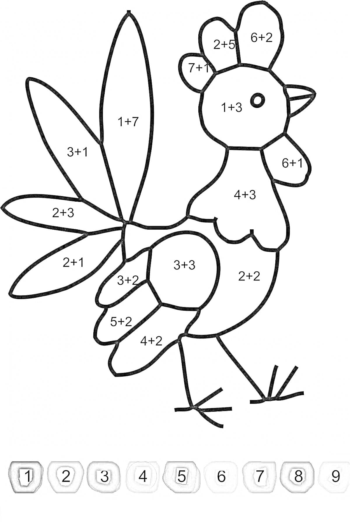 На раскраске изображено: Петух, Математика, Счёт до 10, Сложение, Учебное пособие, Развивающие игры
