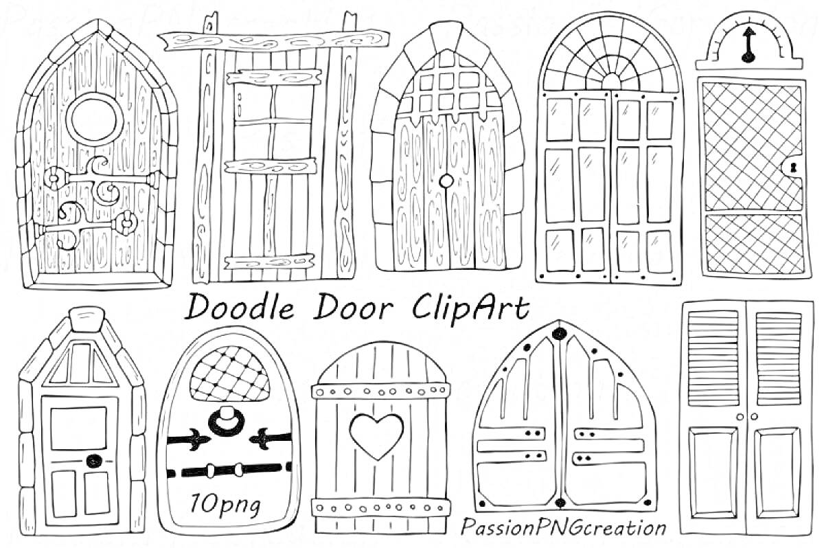 Раскраска Коллекция дверей, включающая арочные двери с деревянными деталями, двери с оконными решетками, двери с сердечками, двухстворчатые двери с кольцами и другие декоративные элементы