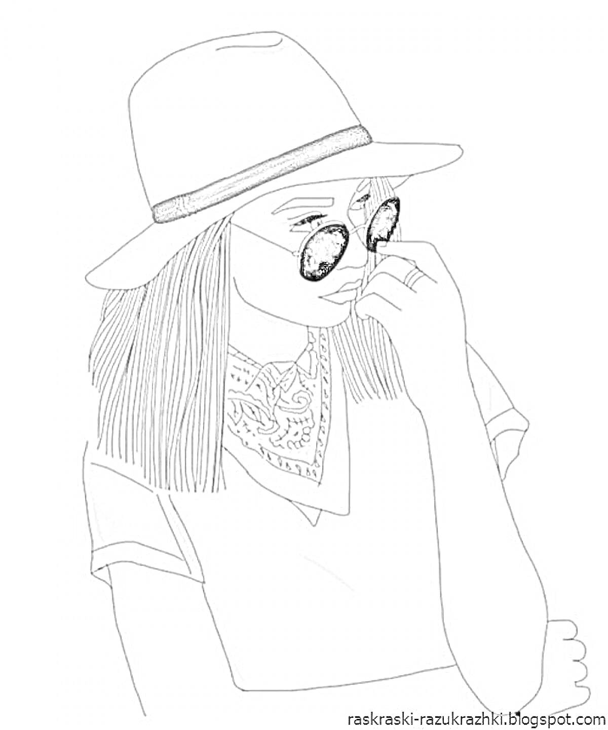 Раскраска Девушка в очках и шляпе, с платком на шее