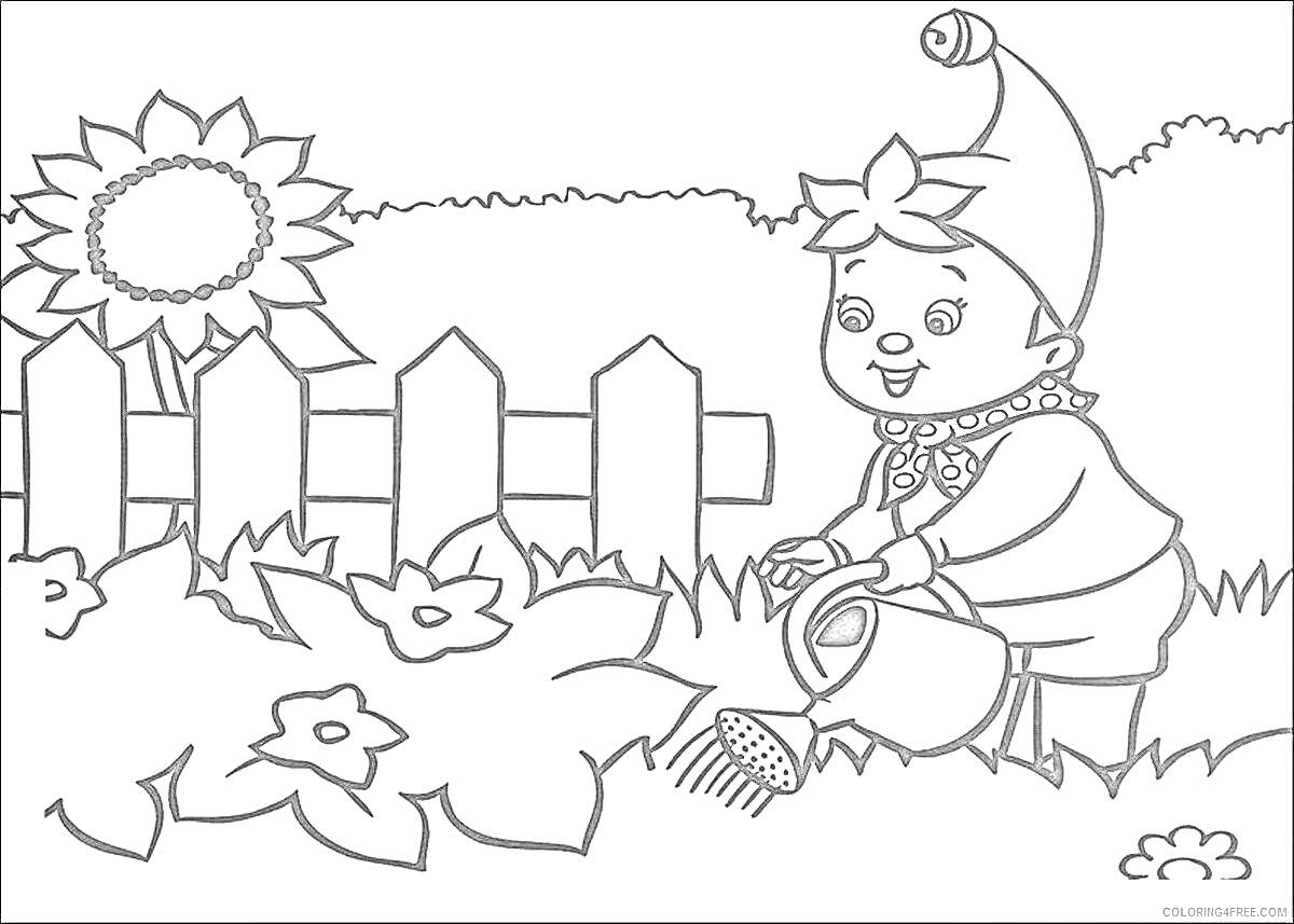 Раскраска Ребенок в колпаке поливает цветы на клумбе у забора