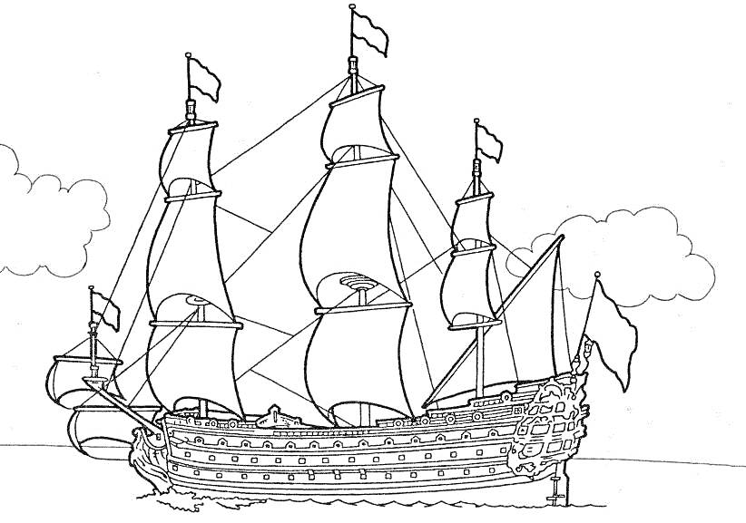Парусный корабль с облаками на заднем плане и волнами в воде, с флагами на мачтах