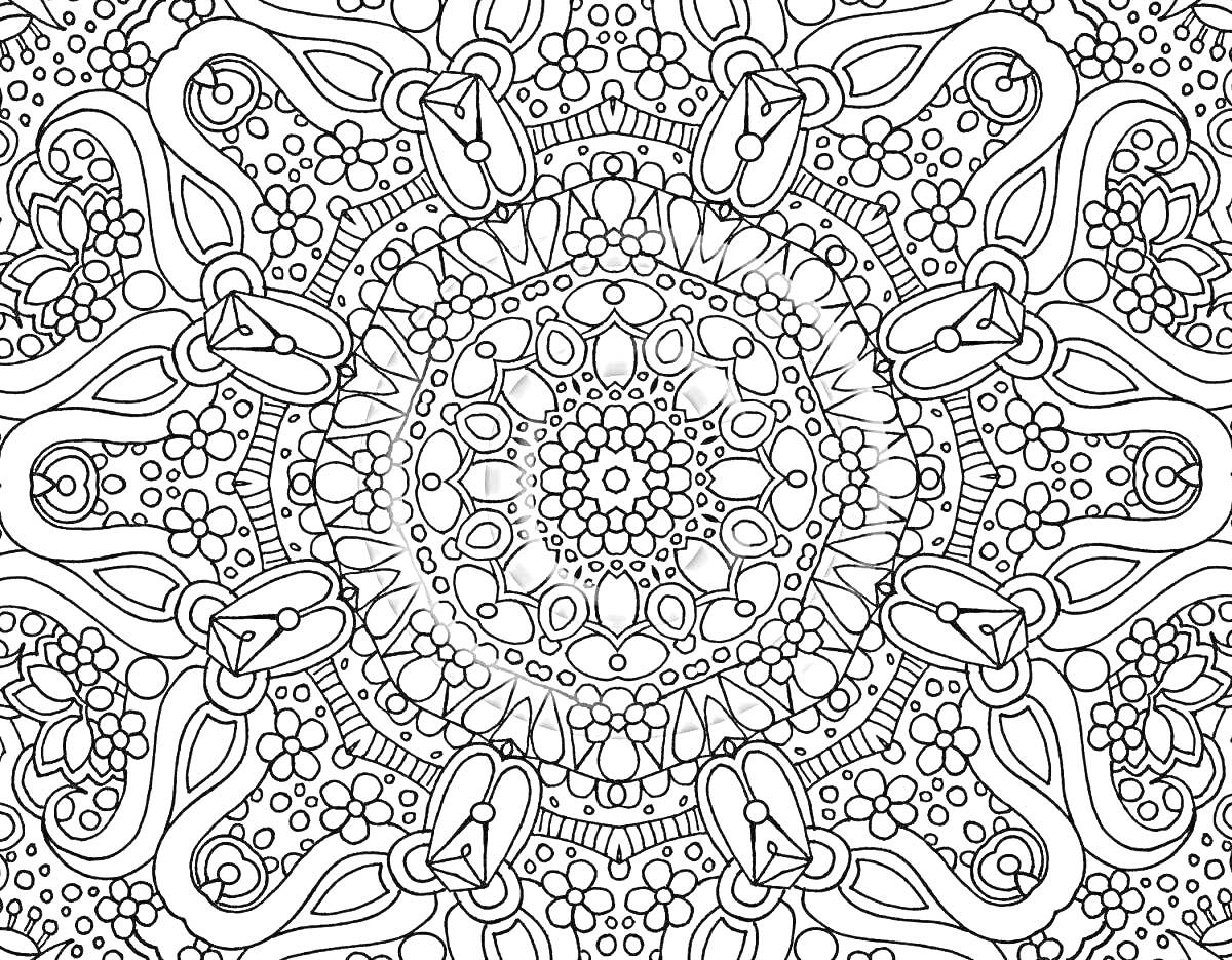 Раскраска Антистресс-раскраска с центральным круглым узором, цветами, листиками и завитками