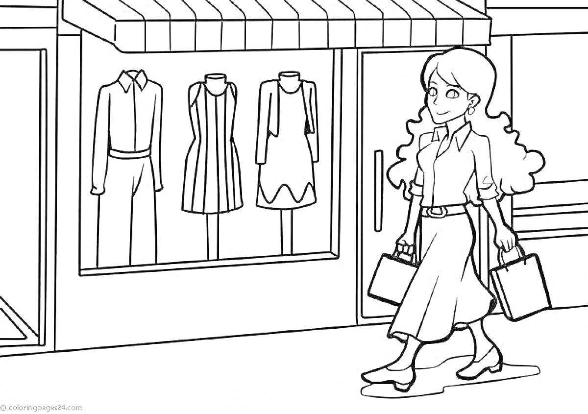 РаскраскаВитрина магазина с женской одеждой и покупательницей перед витриной