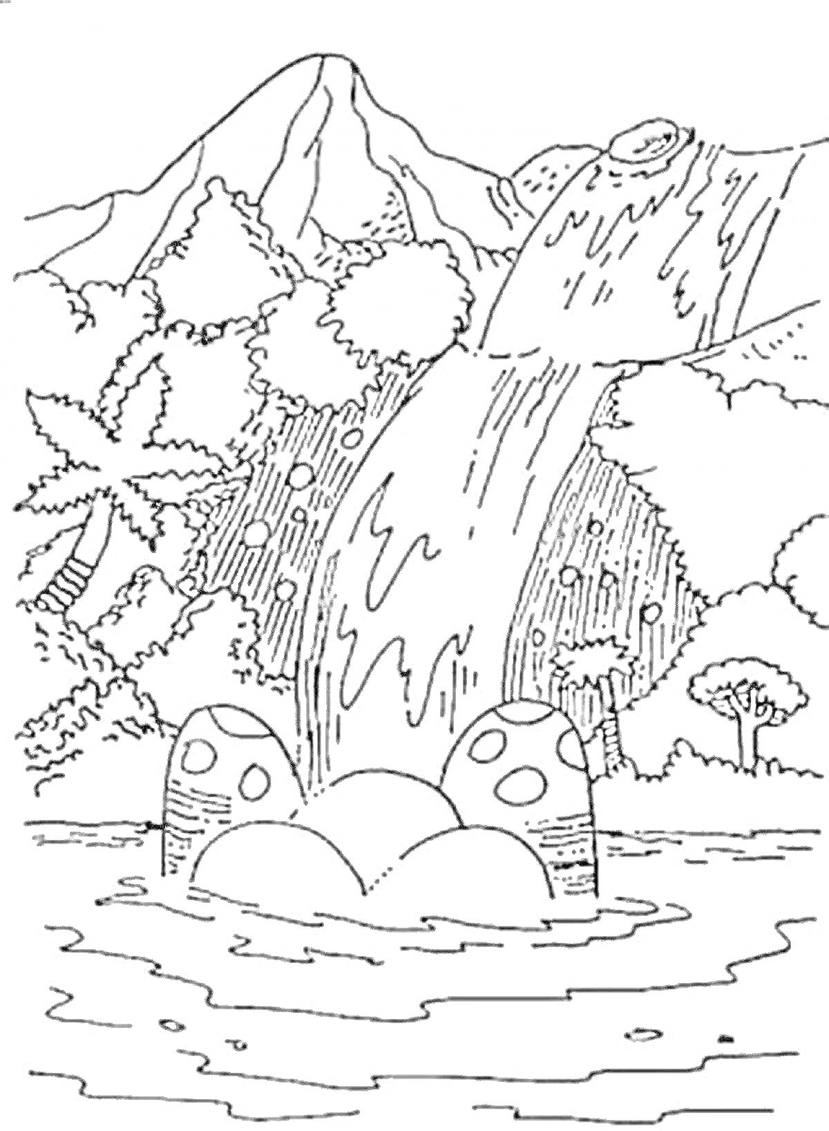На раскраске изображено: Водопад, Лес, Река, Деревья, Горы, Природа, Пейзаж
