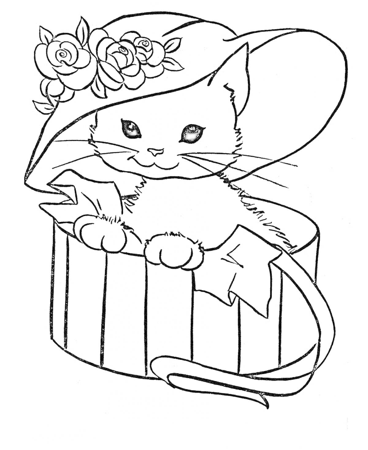 Раскраска Кошка в шляпе с цветами, сидящая в коробке