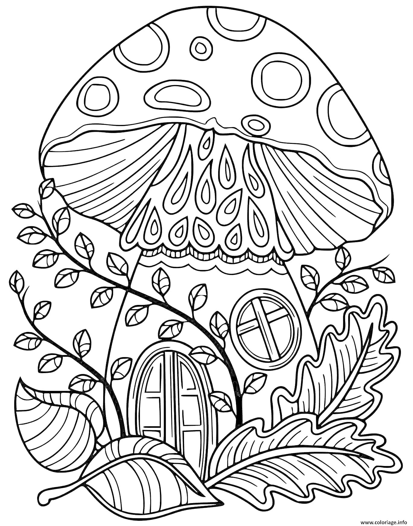 Раскраска Домик-гриб с листьями и веточками