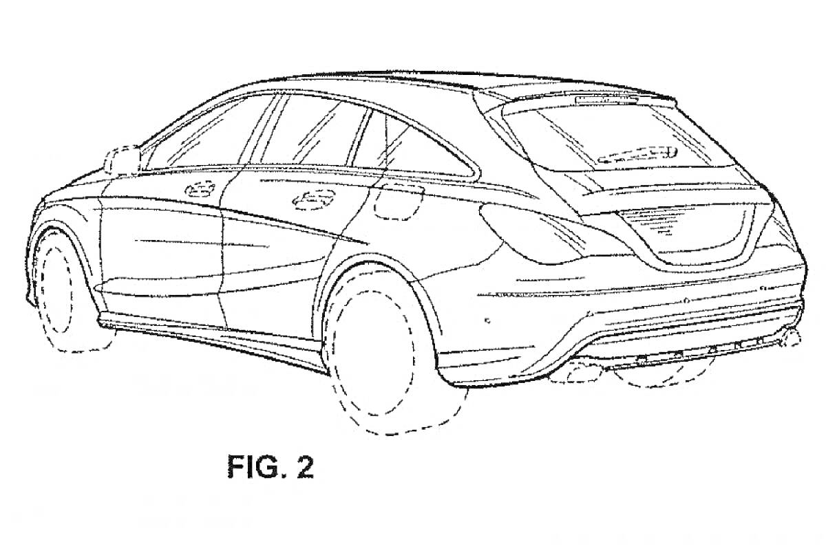 Мерседес акула, задний вид автомобиля с колесами, окнами, дверями, ручками, задними фарами, багажником, задним стеклом, бампером, антикрылом