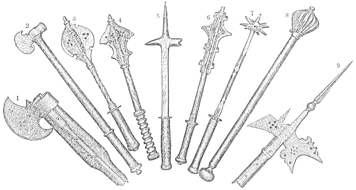 Средневековые оружия со шипами и лезвиями (топоры, булава, алебарда, шестопер, моргенштерн)