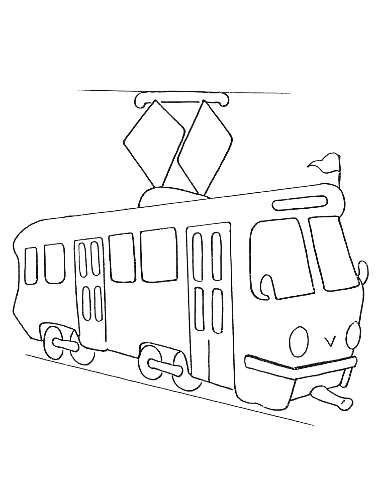 На раскраске изображено: Трамвай, Транспорт, Рельсы, Окна, Для детей, Дверь, Флаг