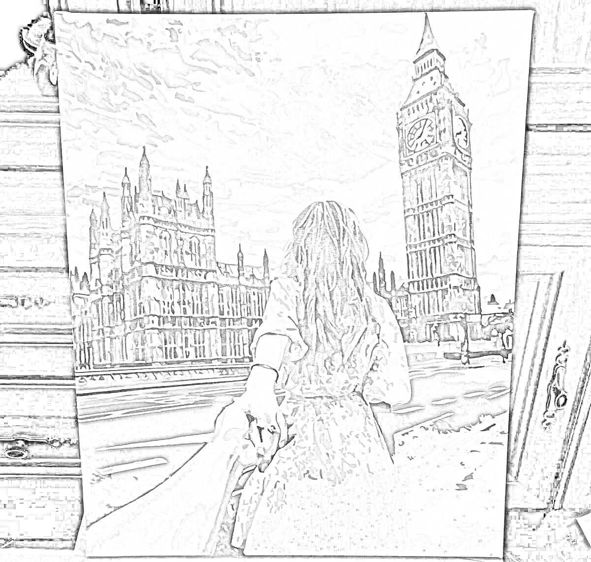 На раскраске изображено: Холст, Часовая башня, Белое платье, Рука, Романтика, Архитектура, Лондон